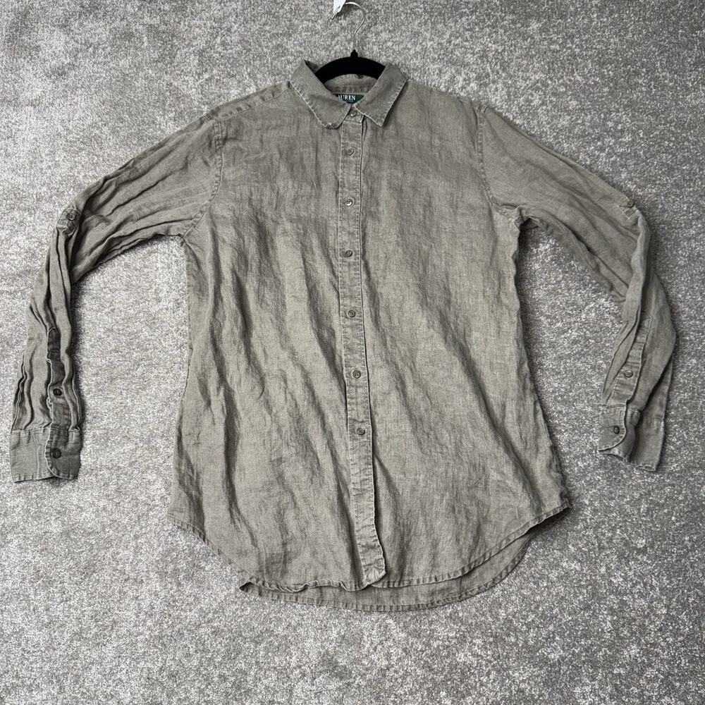 Lauren Ralph Lauren Womens 100% Linen Olive Green Button‑Down L Roll Tab Sleeve